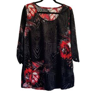 Avenue Womens 18/20 Black Red Floral Velvet Burnout Tunic Top PlusSize Fairygoth